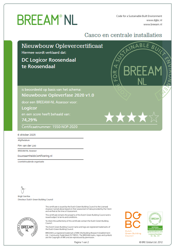 Project Logicor DC Roosendaal behaalt BREEAM-NL Excellent certificering!